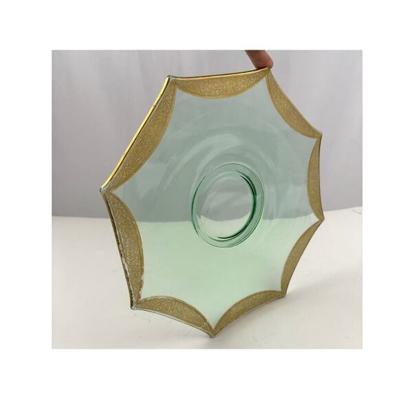 VTG Green Depression Octagon Glass Plate Glassware Floral Gold Trim - Picture 4 of 12